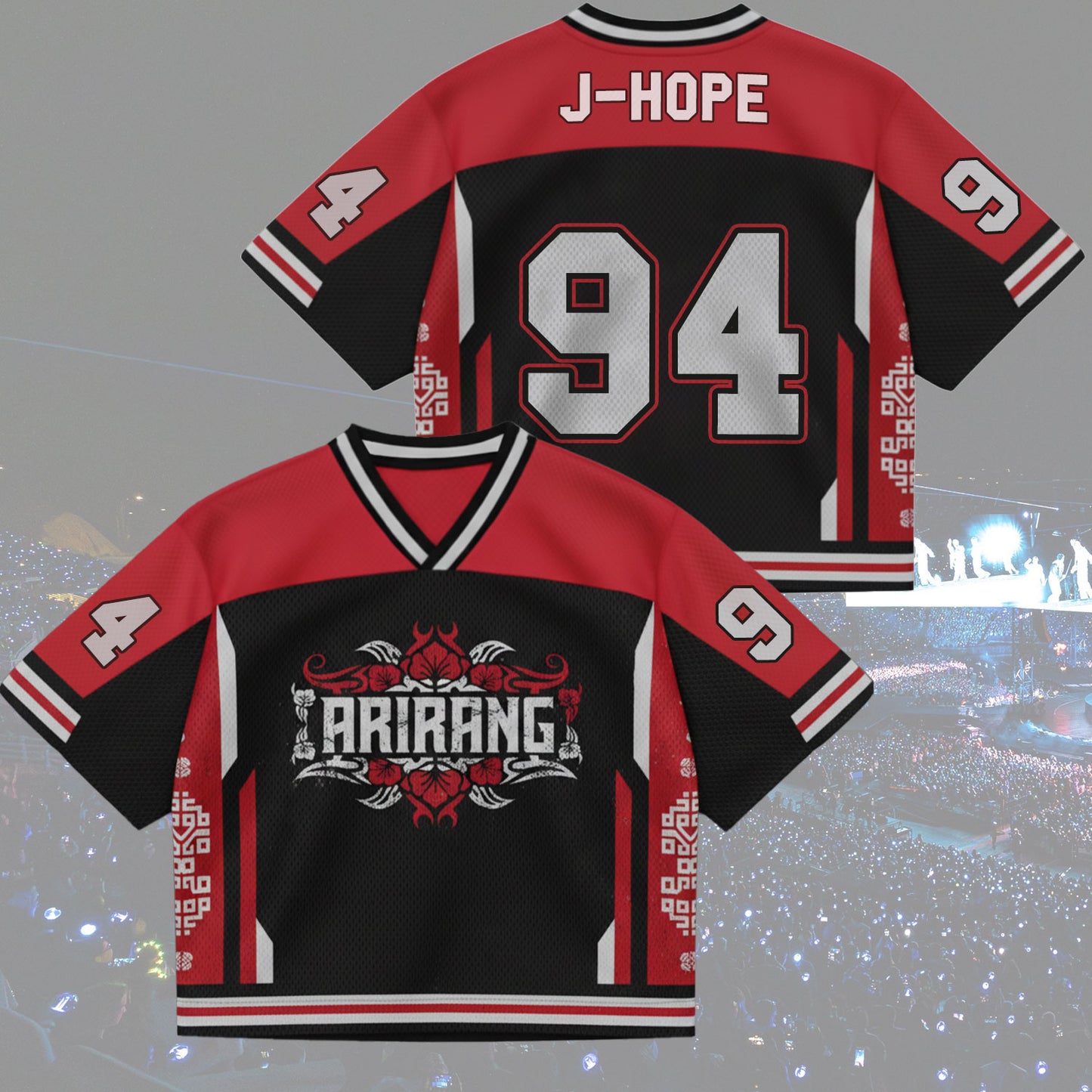 Front and back view of BTS Arirang World Tour Urban Graphics Jersey, Red and Black Mix Mesh streetwear style.