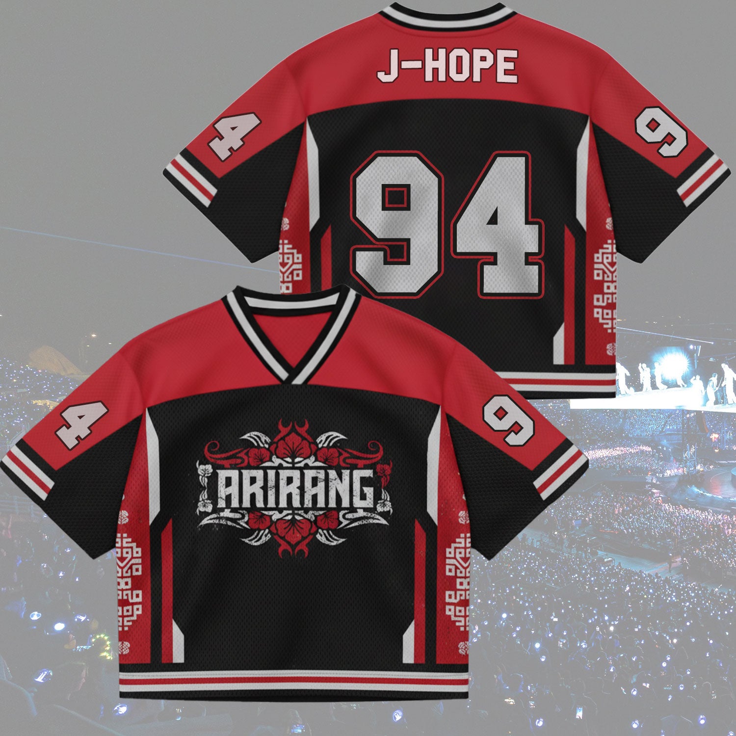 Front and back view of BTS Arirang World Tour Urban Graphics Jersey, Red and Black Mix Mesh streetwear style.