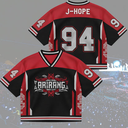 Front and back view of BTS Arirang World Tour Urban Graphics Jersey, Red and Black Mix Mesh streetwear style.