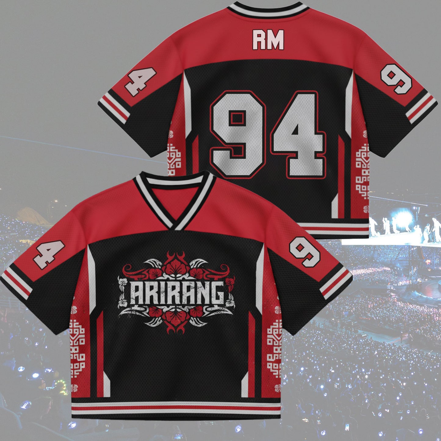 Front and back view of BTS Arirang World Tour Urban Graphics Jersey, Red and Black Mix Mesh streetwear style.