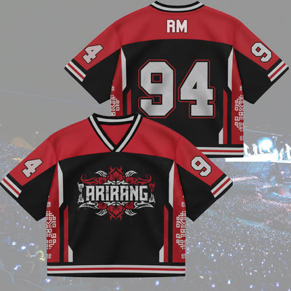 Front and back view of BTS Arirang World Tour Urban Graphics Jersey, Red and Black Mix Mesh streetwear style.
