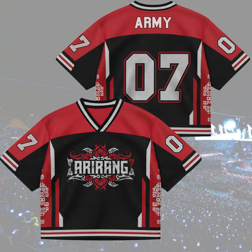 Front and back view of BTS Arirang World Tour Urban Graphics Jersey, Red and Black Mix Mesh streetwear style.