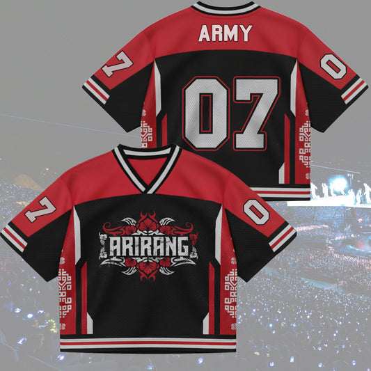 Front and back view of BTS Arirang World Tour Urban Graphics Jersey, Red and Black Mix Mesh streetwear style.