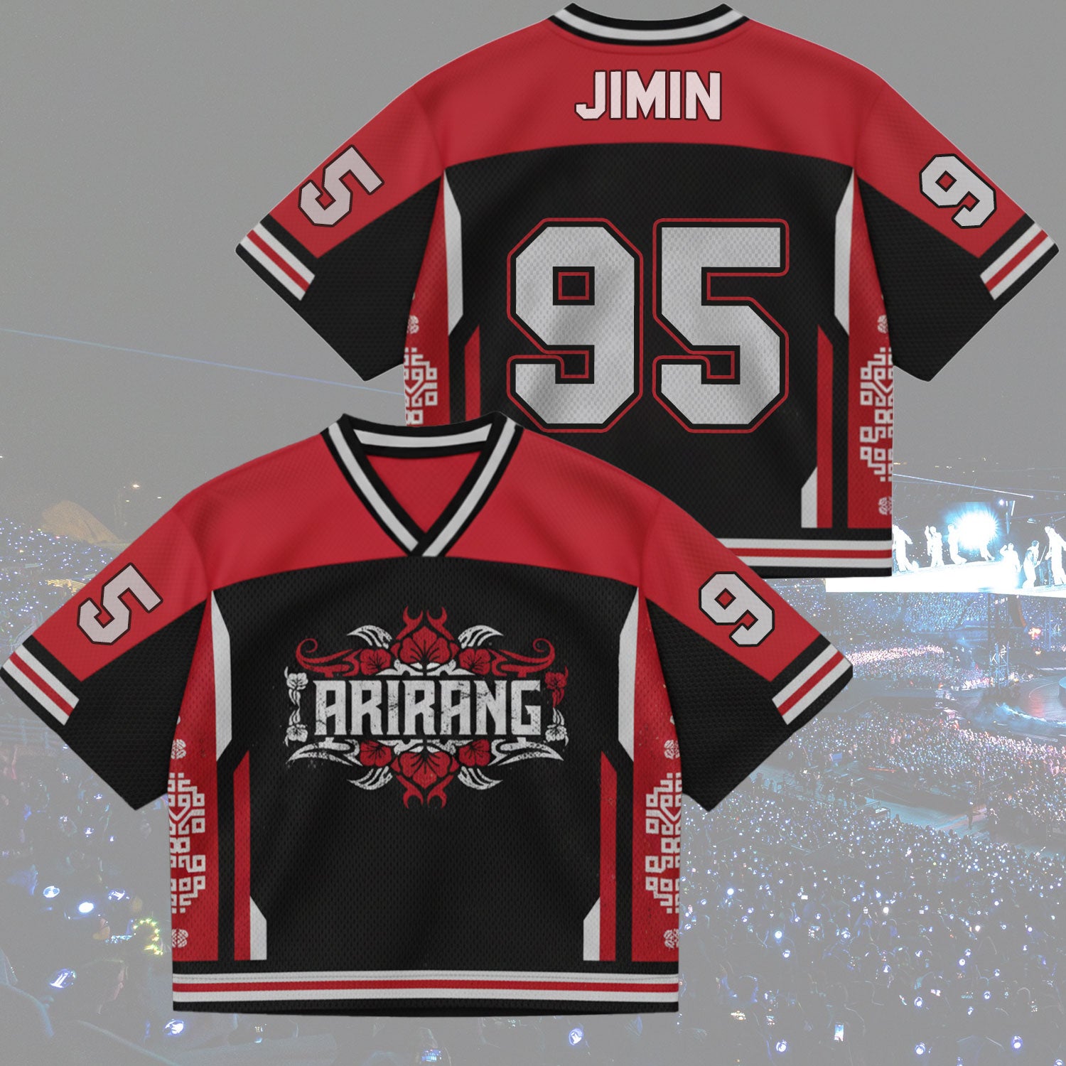 Red and black sports urban-flower jersey with 'JIMIN' and number '95' on a gray background