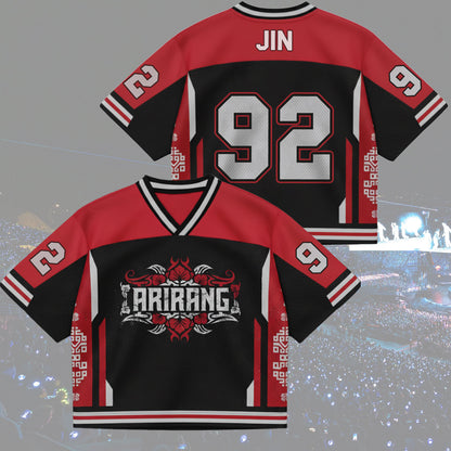 Front and back view of BTS Arirang World Tour Urban Graphics Jersey, Red and Black Mix Mesh streetwear style.