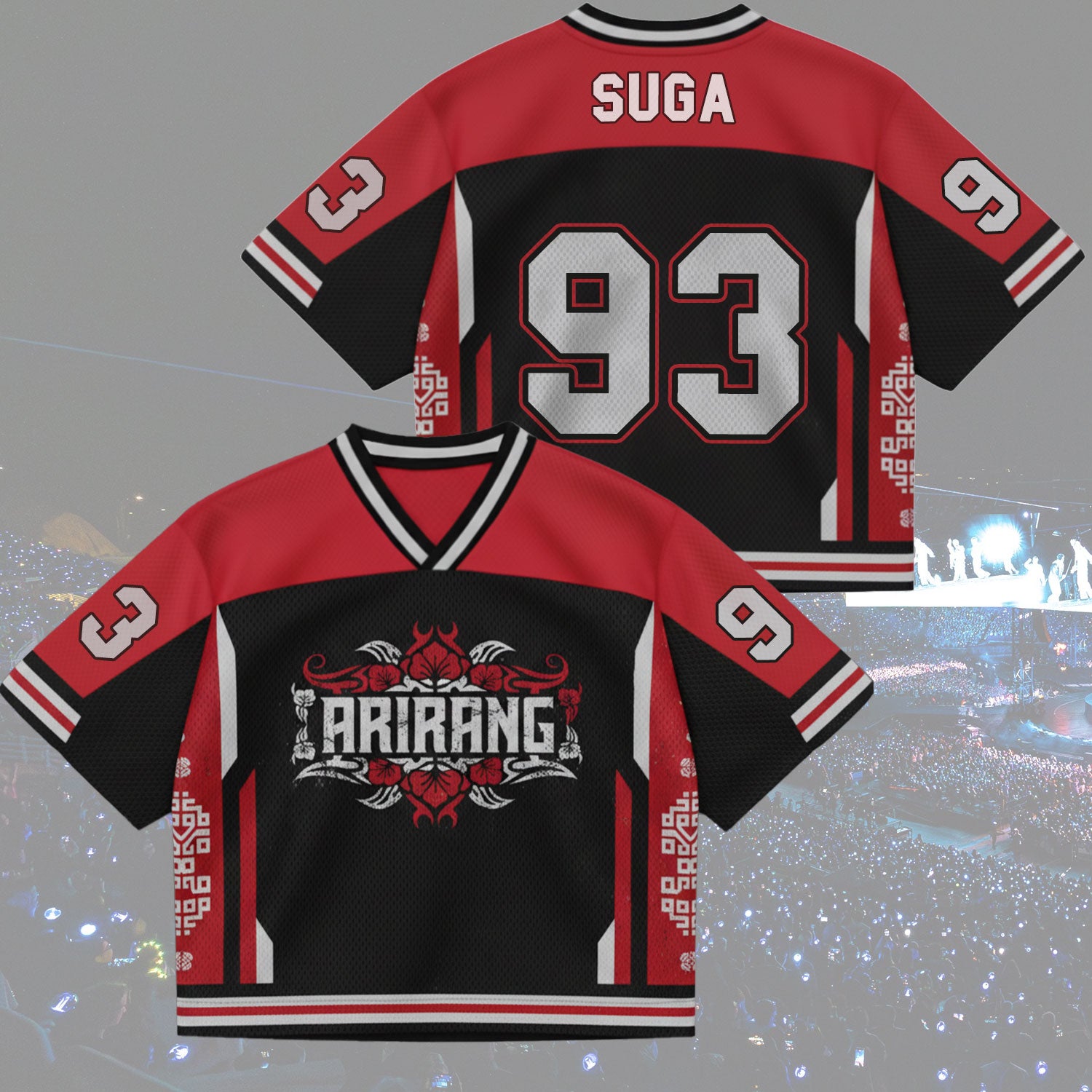 Front and back view of BTS Arirang World Tour Urban Graphics Jersey, Red and Black Mix Mesh streetwear style.