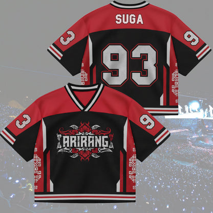 Front and back view of BTS Arirang World Tour Urban Graphics Jersey, Red and Black Mix Mesh streetwear style.