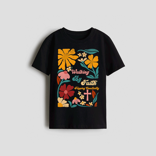 A black t-shirt with a colorful floral design and text printed on it.