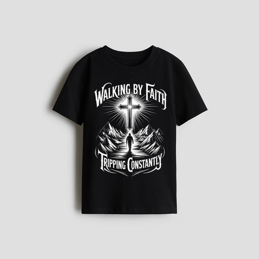 A black t-shirt with a graphic design featuring a cross, mountains, and the text "WALKING BY FAITH TRIPPING CONSTANTLY" printed on it.