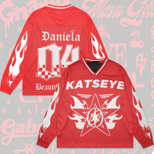 WAVESTEEᵀᴹ Katseye Red Beautiful Chaos Mesh Splicing Long Sleeved