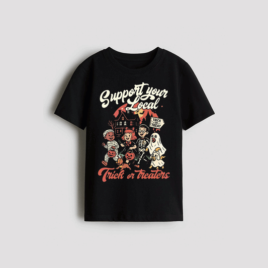 A black t-shirt with a Halloween-themed graphic design featuring a skeleton, ghost, and other spooky characters. The text on the t-shirt reads "Support your local Trick or Treaters".