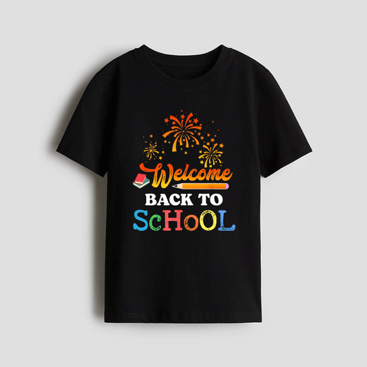 A black t-shirt with a colorful graphic design that says "Welcome Back to School" along with fireworks and a pencil.