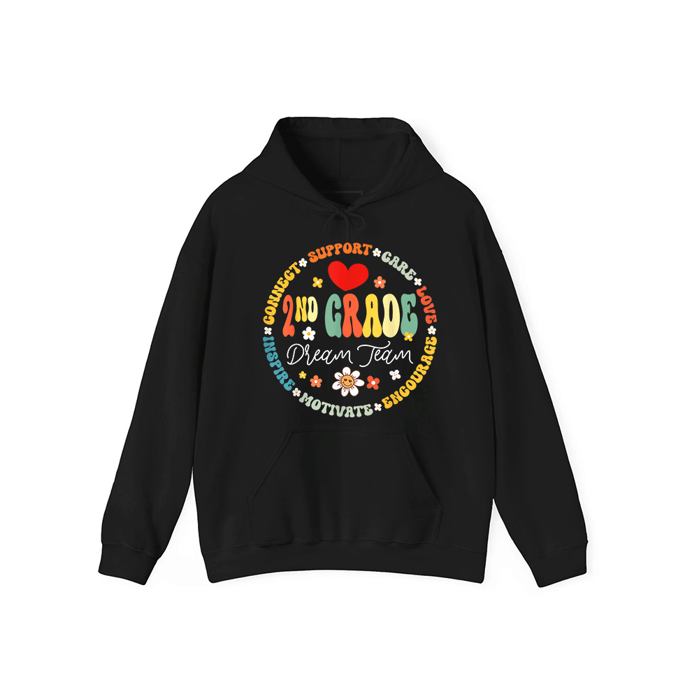A black hoodie with a colorful circular design featuring the text "2nd Grade Dream Team" and various motivational phrases surrounding it.