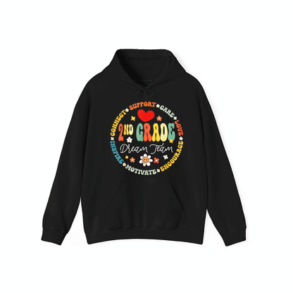 A black hoodie with a colorful circular design featuring the text "2nd Grade Dream Team" and various motivational phrases surrounding it.
