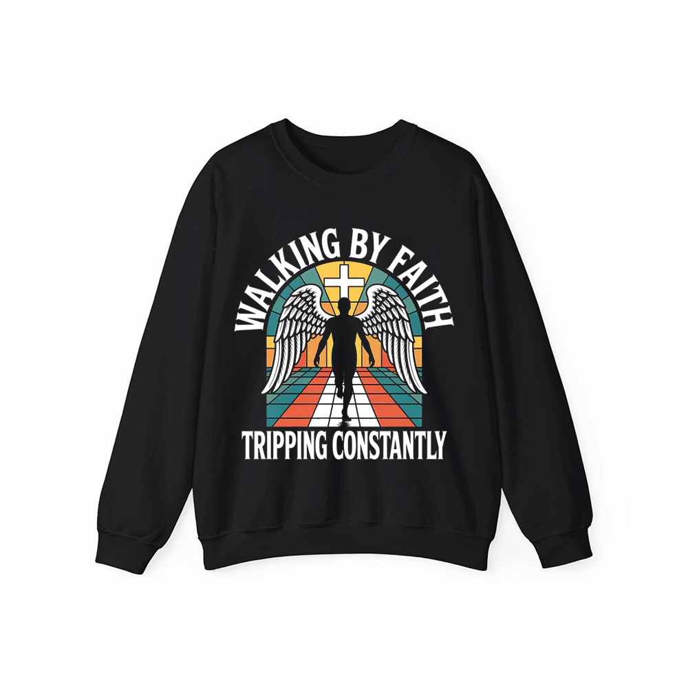 A black sweatshirt with a graphic design featuring a winged figure and the text "WALKING BY FAITH TRIPPING CONSTANTLY" printed on it.