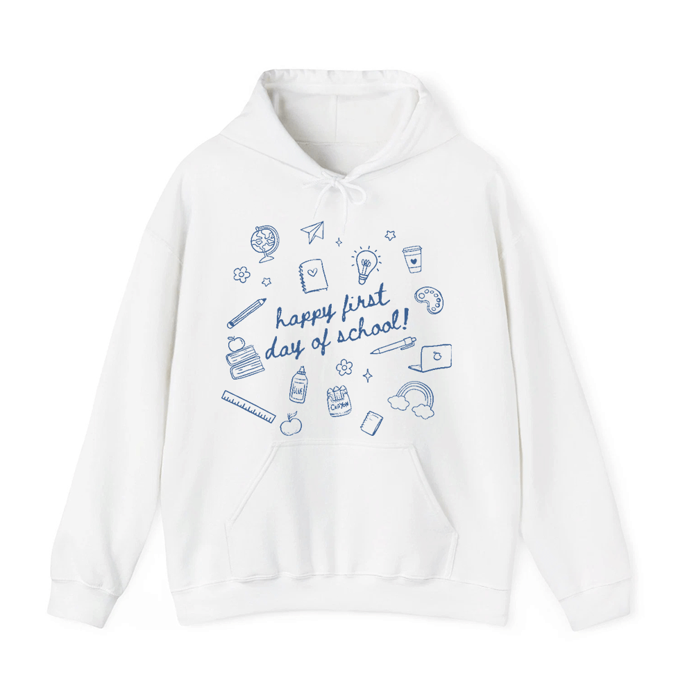 A white hoodie with a graphic design featuring various school-related items and the text "happy first day of school!"
