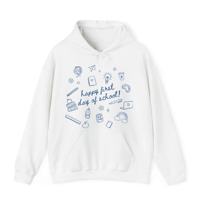 A white hoodie with a graphic design featuring various school-related items and the text "happy first day of school!"