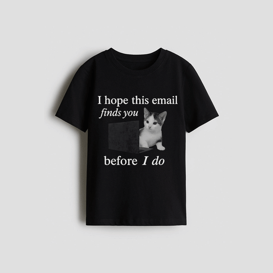 A black t-shirt with a humorous text and graphic design.