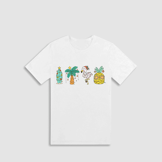 A white t-shirt with a graphic design featuring a palm tree, a flamingo, a pineapple, and a star.