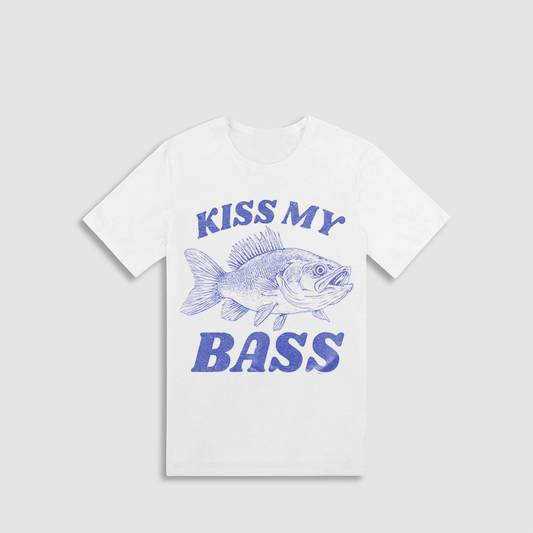 A white t-shirt with a graphic design featuring a fish and the text "KISS MY BASS" printed on it.