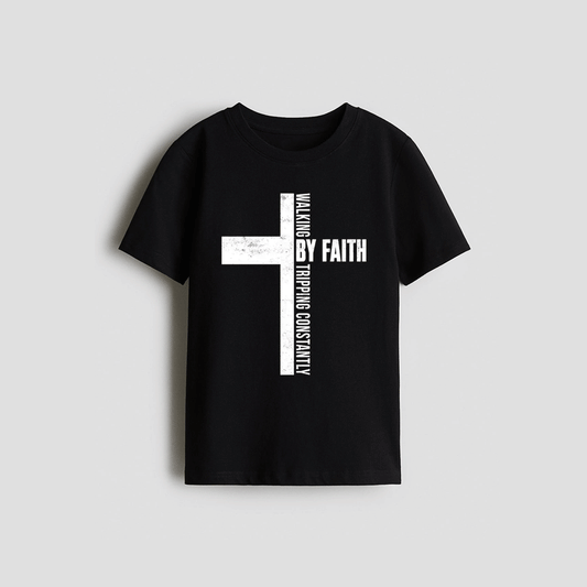 A black t-shirt with a white cross design and text printed on it.