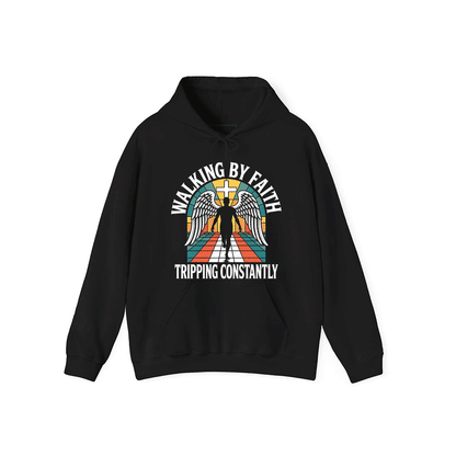 A black hoodie with a graphic design on the front. The design features a person with wings and a cross, along with the text "WALKING BY FAITH TRIPPING CONSTANTLY".