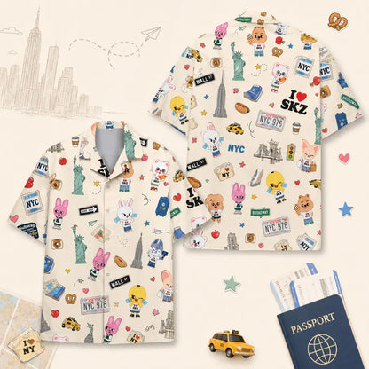 SKZOO Everywhere All Around The World New York Hawaiian Shirt, Stray Kids Inspired Vacation Shirt, SKZ Airline Kpop Fan Gift