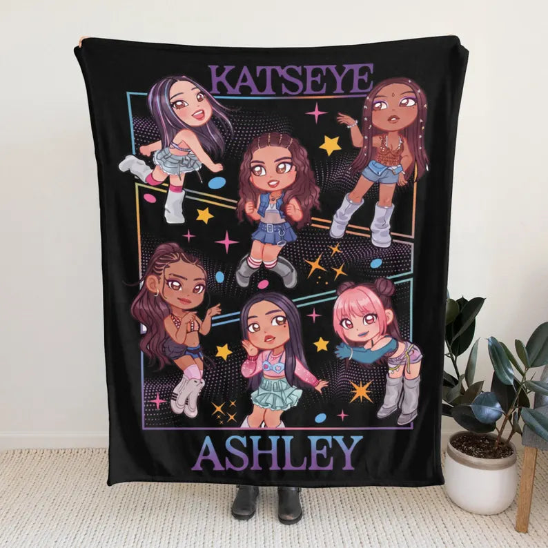 Personalized KATSEYE Blanket, Custom Name Kpop Girl Group Throw, Y2K Fan Merch, Soft Fleece Room Decor, Gift for EYEKONS
