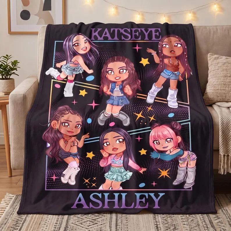 Personalized KATSEYE Blanket, Custom Name Kpop Girl Group Throw, Y2K Fan Merch, Soft Fleece Room Decor, Gift for EYEKONS