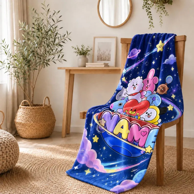 Personalized BT21 Galaxy Heart Fleece Blanket, Custom Name Kpop Throw Blanket, Soft Flannel Gift for BTS ARMY Fans