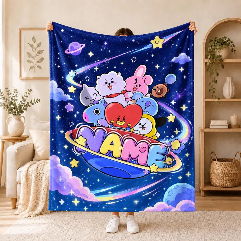 Personalized BT21 Galaxy Heart Fleece Blanket, Custom Name Kpop Throw Blanket, Soft Flannel Gift for BTS ARMY Fans