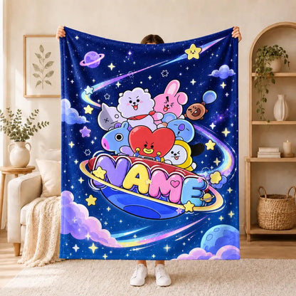 Personalized BT21 Galaxy Heart Fleece Blanket, Custom Name Kpop Throw Blanket, Soft Flannel Gift for BTS ARMY Fans