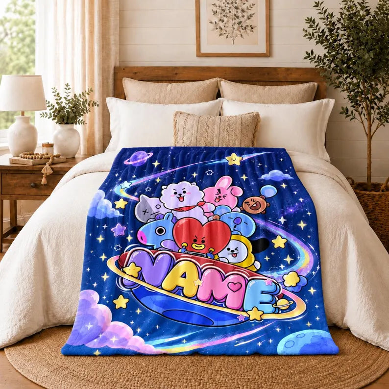 Personalized BT21 Galaxy Heart Fleece Blanket, Custom Name Kpop Throw Blanket, Soft Flannel Gift for BTS ARMY Fans