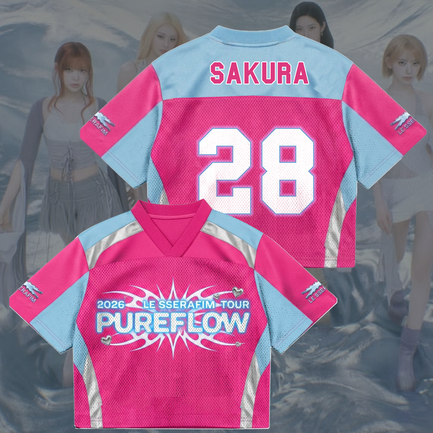 Vibrant Pureflow Le Sserafim World Tour Pink Mixed Mesh Jersey Gift For Fans