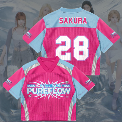 Vibrant Pureflow Le Sserafim World Tour Pink Mixed Mesh Jersey Gift For Fans