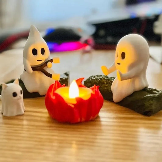 Ghost Campfire Gathering, Spooky Halloween Decor, Cute Ghost Figurine Set, Campfire Display