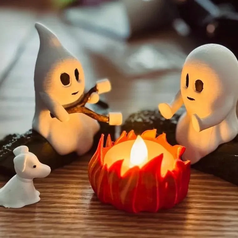 Ghost Campfire Gathering, Spooky Halloween Decor, Cute Ghost Figurine Set, Campfire Display