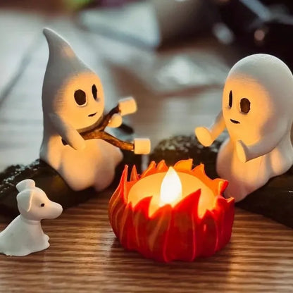 Ghost Campfire Gathering, Spooky Halloween Decor, Cute Ghost Figurine Set, Campfire Display