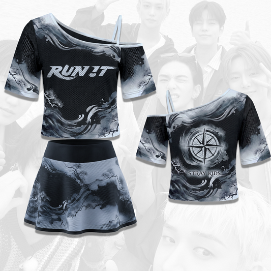 Monochrome Pine Stray Kids Run It World Tour Off Shoulder Mesh Stay Edition
