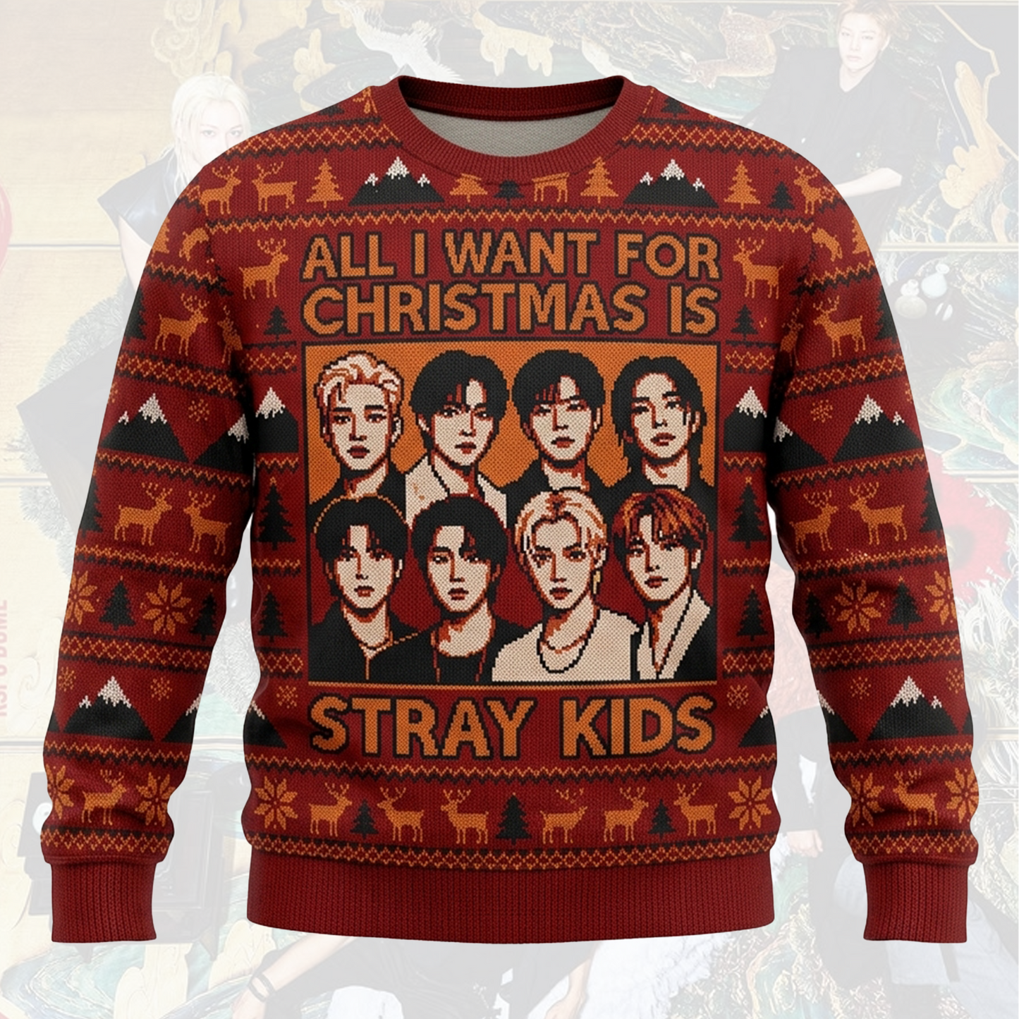 Stray Kids Burgundy Holiday Ugly Sweater Run It World Tour Edition Gift For Fans