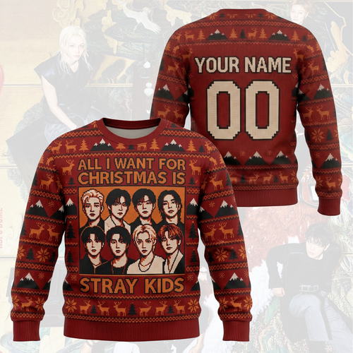 Stray Kids Burgundy Holiday Ugly Sweater Run It World Tour Edition Gift For Fans
