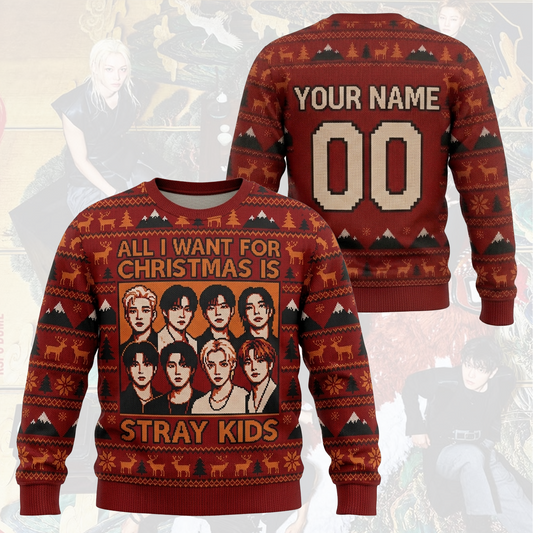 Stray Kids Burgundy Holiday Ugly Sweater Run It World Tour Edition Gift For Fans