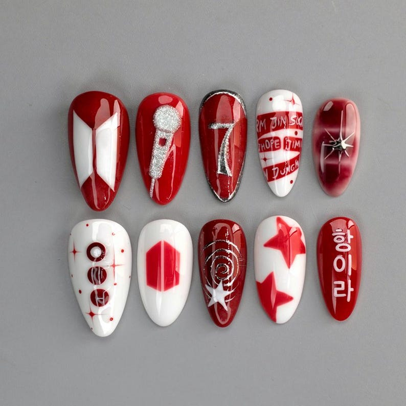 Arirang K-pop Press On Nails, 2026 Comeback 3D Silver Design, Red & White Custom Member Name Nails, Luxury Gel Nails, Concert Gift for Fans