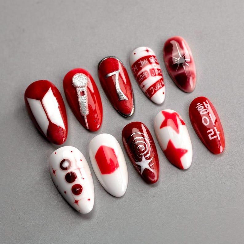 Arirang K-pop Press On Nails, 2026 Comeback 3D Silver Design, Red & White Custom Member Name Nails, Luxury Gel Nails, Concert Gift for Fans