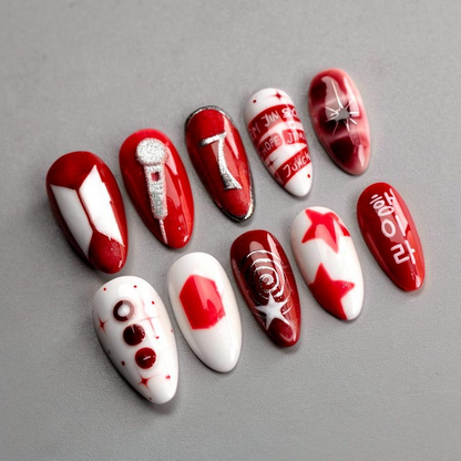 Arirang K-pop Press On Nails, 2026 Comeback 3D Silver Design, Red & White Custom Member Name Nails, Luxury Gel Nails, Concert Gift for Fans