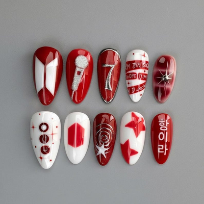 Arirang K-pop Press On Nails, 2026 Comeback 3D Silver Design, Red & White Custom Member Name Nails, Luxury Gel Nails, Concert Gift for Fans