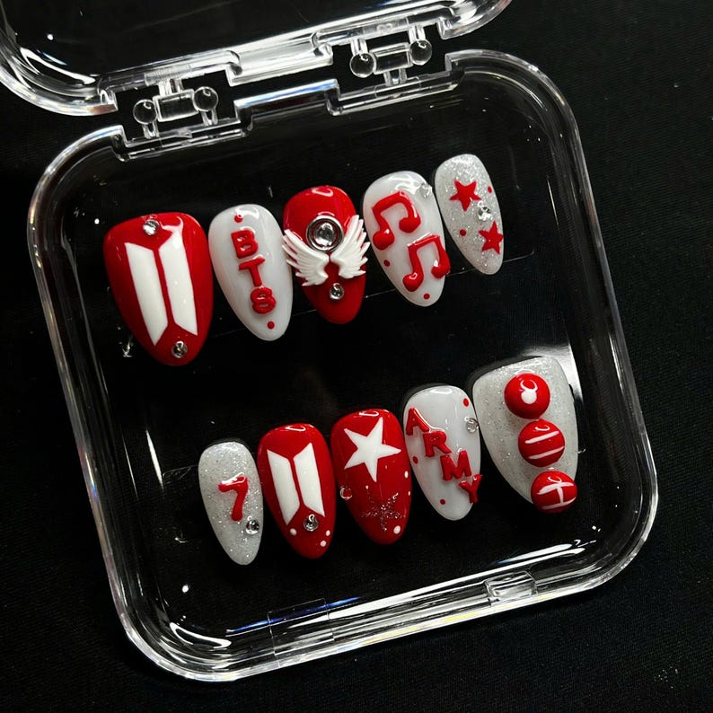 Arirang Album Press On Nails 2026 Comeback, 3D Silver Art Red White Nails, Custom Kpop Concert Gift,  Luxury Gel Nails
