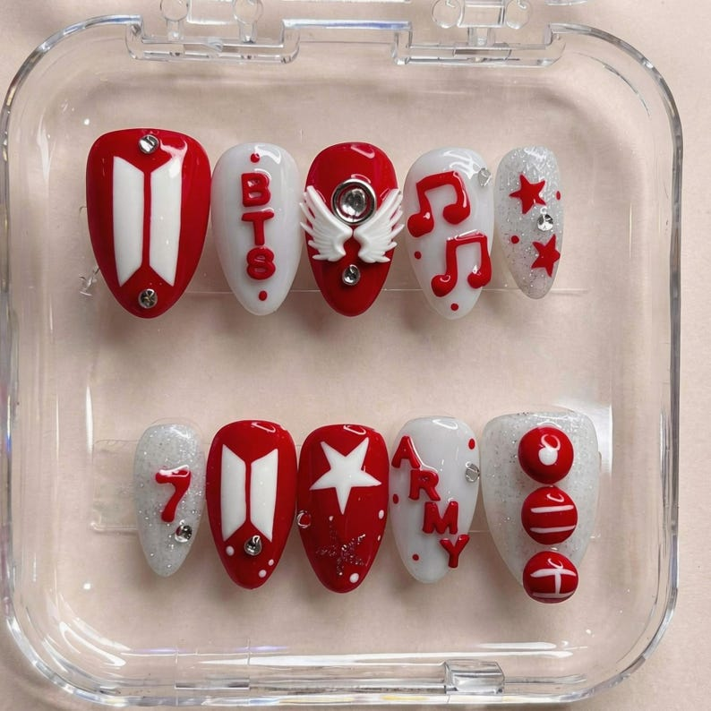 Arirang Album Press On Nails 2026 Comeback, 3D Silver Art Red White Nails, Custom Kpop Concert Gift,  Luxury Gel Nails