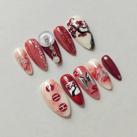 Arirang Press On Nails 2026 Traditional Korean Art Nails 3D Silver Moon Pearl Handmade Calligraphy Nails