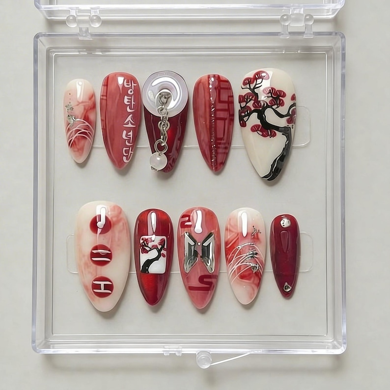 Arirang Press On Nails 2026 Traditional Korean Art Nails 3D Silver Moon Pearl Handmade Calligraphy Nails